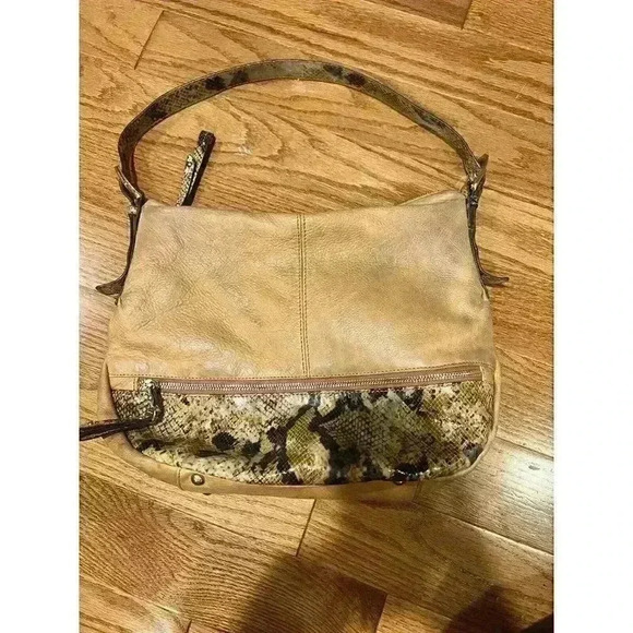 B Makowsky Snakeskin Print And Leather Purse Camel $158 - Picture 1 of 6